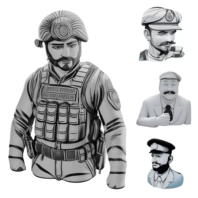 estilizado héroe busto colección 3d impresión modelo trío etiquetas decorativo coleccionables personaje bustos coleccionable modelos militar piloto detective figurilla fdm huellas dactilares resina imprimible escritorio decoración mystery themed táctico soldado aviación clásico arte miniatura estatuas bricolaje diy pintura elegante naval oficial monitor 3d print model - Mito3D