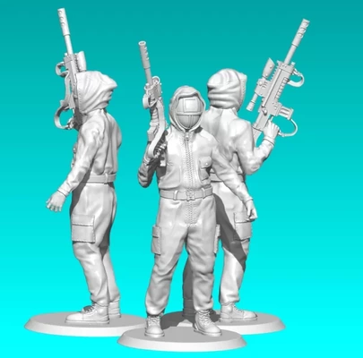 wargame squid game character 3d printing model - threeding tags figurine miniature rpg wargaming figurines miniatures tabletop support arme soldat fantassin 32 mm fusil d'assaut attaque jeu du poulpe nutscale de guerre truescale 3d print model - Mito3D