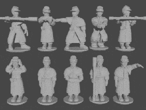 10 & 15mm civil war artillery crew greatcoats - wargaming3d 28mm miniature 3d print model - Mito3D
