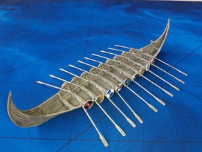 28mm dark age longship - wargaming3d miniature model based kvalsund ship dated 8th century although small standards later centuries ships style perfectly suited raiding along shallow coastal waters up rivers has 10 rowing benches would carry crew 25-30 men file contains four variations base hull allowing you print longships without masts includes optional shields oars t uprights beasts crosses dimensions 310 x 55mm 12 2 1 8 printable supports 15mm can built rigging sail if desired requires 6mm 140mm 4 5 dowel 4mm 100mm 32 elastic thread paper please note dowels fittings tight 3d print model - Mito3D
