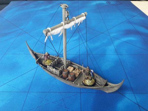 28mm dark age trade boat - wargaming3d miniature trading suitable small raiding transport includes wattle fence livestock once piece cargo pile two individual chests bundle furs wool cloth etc barrels full size 3 4 sit lower hold oars dimensions 230 x 60mm 9 2 1 printable without supports can built rigging sail if desired requires 6mm 140mm 5 dowel 4mm 100mm 32 elastic thread paper please note dowels fittings tight 3d print model - Mito3D
