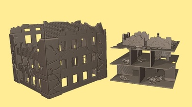 28mm destroyed building 3 floors - wargaming3d miniature wargamming block house, bolt action, building, dior, diora, diorama, ruins, terrain 3d print model - Mito3D