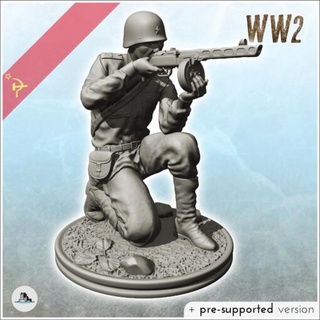 crouching soviet soldier firing ppsh-41 6 - wargaming3d Categories: 1:100 / 15mm, 1:56 28mm, 1:72 & 1:76 20mm, 1939-1945: WW2, WWII, DIGITAL STL FILES, Infantry/Figures action bolt character diaroma eastern figure flames mini miniatures red resin rpg scenery stalingrad statue terrain urss war world miniature wargamming 3d print model - Mito3D