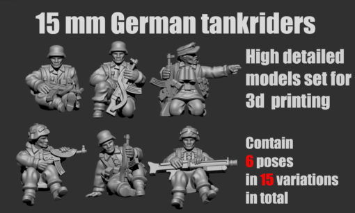 german tank riders figures - wargaming3d miniature wargamming 1:100 / 15mm, figures, German, German soldier, wargame 3D print model - Mito3D