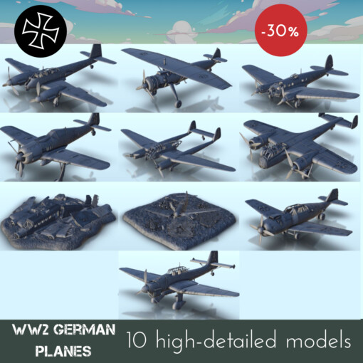 alemão ww2 aviões pacote wargaming3d Categorias 1 100 15mm 56 28mm 72 76 20mm 1939 1945 WW2 guerra mundial digital stl arquivos ar aeronave avião aviação Grig relâmpago equipamento lutador voar Luftwaffe Reich cenário mundo terreno veículo Wehrmacht miniatura jogos 3D print model - Mito3D