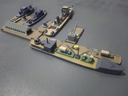 Hafen-set 3 - wargaming3d 28mm Miniatur kleiner Hafen Zille 25-hull 10 knts unbewaffnet Kahn montierter Kran 30 hull 4 Lastkahn Schlepper 20 Rumpf 50cal hmg 3D print model - Mito3D