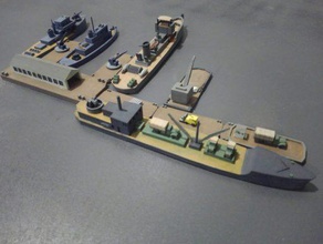 harbor set 3 - wargaming3d 28mm miniature small scow 25 hull 10 knts unarmed barge mounted crane 30 4 tug 20 50cal hmg 3d print model - Mito3D