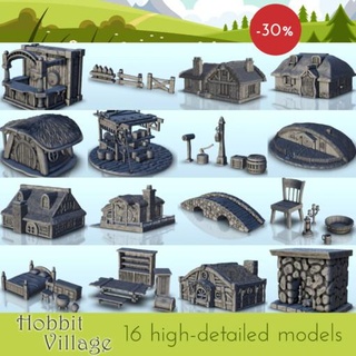 hobbit Vila pacote wargaming3d Categorias 1 100 15mm 56 28mm 72 76 20mm 500 1500 Medieval digital stl ARQUIVOS fantasia terra terreno acessórios arquitetura construção Sombrio Império fantástico jogos casa medieval miniaturas cenário tampo mesa tradicional guerra jogo miniatura 3d print model - Mito3D