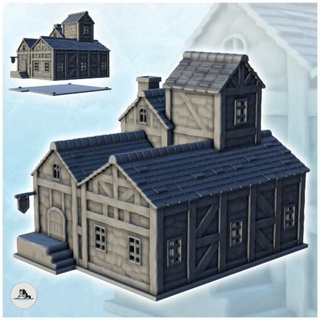 large medieval building double roof tower flag 12 - wargaming3d Categories: 1:100 / 15mm, 1:56 28mm, 1:72 & 1:76 20mm, 500-1500: Medieval, DIGITAL STL FILES, Terrain, Terrain accessories age architecture dark european fantasy game house middle miniatures rose scenery tabletop terrain traditionnal village war wargame miniature wargamming 3d print model - Mito3D