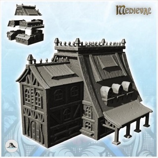 large medieval half-timbered building spiked roof canopy 30 - wargaming3d Categories: 1:100 / 15mm, 1:56 28mm, 1:72 & 1:76 20mm, 500-1500: Medieval, DIGITAL STL FILES, Terrain, Terrain accessories age architecture dark european fantasy game house middle miniatures rose scenery tabletop terrain traditionnal village war wargame miniature wargamming 3d print model - Mito3D
