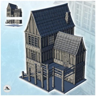 large medieval half-timbered house stairs access terrace 6 - wargaming3d Categories: 1:100 / 15mm, 1:56 28mm, 1:72 & 1:76 20mm, 500-1500: Medieval, DIGITAL STL FILES, Terrain, Terrain accessories age architecture building dark european fantasy game middle miniatures rose scenery tabletop terrain traditionnal village war wargame miniature wargamming 3d print model - Mito3D