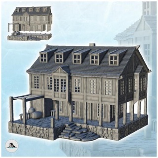 large medieval two-story building stone platform pillars 10 - wargaming3d Categories: 1:100 / 15mm, 1:56 28mm, 1:72 & 1:76 20mm, 500-1500: Medieval, DIGITAL STL FILES, Terrain, Terrain accessories age architecture dark european fantasy game house middle miniatures rose scenery tabletop terrain traditionnal village war wargame miniature wargamming 3d print model - Mito3D