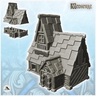 medieval half-timbered house large roof floor 1 - wargaming3d Categories: 1:100 / 15mm, 1:56 28mm, 1:72 & 1:76 20mm, 500-1500: Medieval, DIGITAL STL FILES, Terrain, Terrain accessories age architecture building dark european fantasy game middle miniatures rose scenery tabletop terrain traditionnal village war wargame miniature wargamming 3d print model - Mito3D