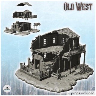ruined wooden building damaged stairs cart + props 29 - wargaming3d Categories: 1:100 / 15mm, 1:56 28mm, 1:72 & 1:76 20mm, 1700-1900: Horse Musket, DIGITAL STL FILES, Terrain, Terrain accessories architecture blackwater desperados frontier game gunfight house miniatures modern scenery tabletop terrain texas wargame west wild miniature wargamming 3d print model - Mito3D