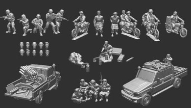 saharian militia stretch goals - wargaming3d miniature wargamming africa, bike, civilian, government, landcruiser, mena, rebel, technical 3d print model - Mito3D