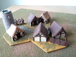 saxon village - wargaming3d 28mm miniature 15 mm 1 100 scale designed around 40 hex side 3-d printable parts tessellate form town any size shape good dba other medieval wargames four church 2 hut & open 3d print model - Mito3D
