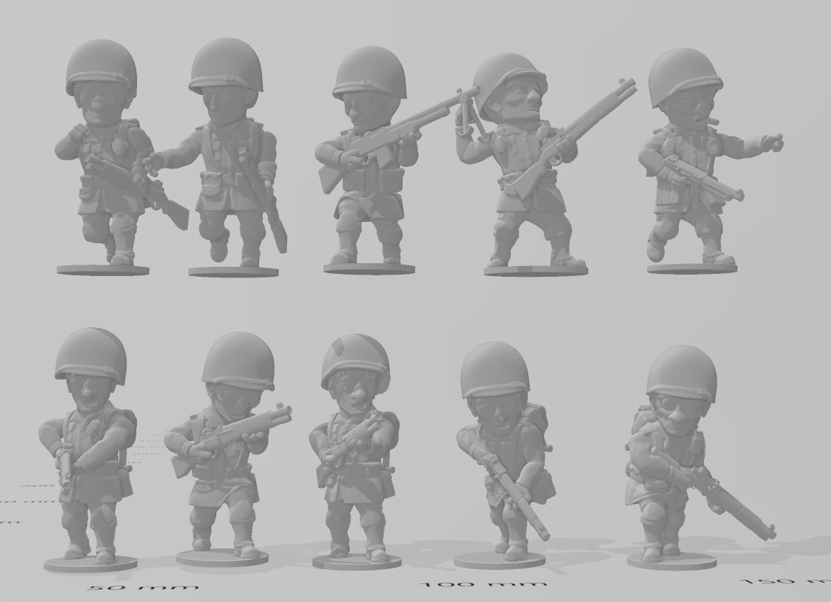 toonkrieg american infantry assaulting set 1 - wargaming3d miniature wargamming cartoon, infantry, ToonKrieg 3D print model - Mito3D