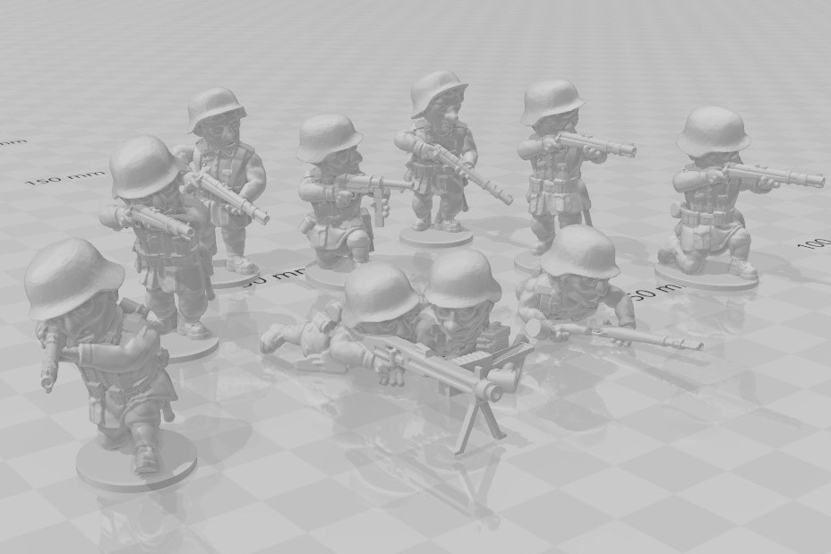toonkrieg german infantry squad 2 firing - wargaming3d miniature wargamming cartoon, German, infantry, ToonKrieg, ww2 3D print model - Mito3D