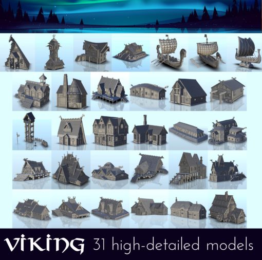 Wikinger Pack 31 Modelle wargaming3d Miniatur Wargaming Alter of Sigmar Amerika amerikanisch Westen Architektur Bolzen Aktion Kopfgeld Jäger Gebäude Kalifornien Cowboy Dekor Flammen 3D print model - Mito3D