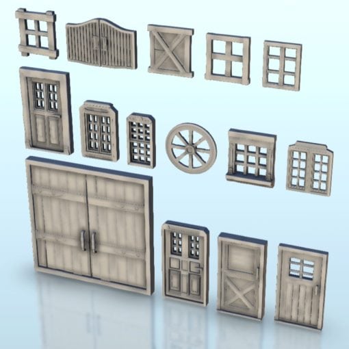 wild west set windows doors - wargaming3d miniature wargamming Age of Sigmar, America, american west, Architecture, Blackwater, bolt action, bounty hunters, building, california, cowboy, décor, Desperado, Flames War, Gulch, Gunfight, Gutshot, law men, modern, native americans, Old Chronicles, outlaws, red skins, rur, scenery, Six Gun Sound, tabletop, terrain, US, USA, warhammer, Western, 3D print model - Mito3D