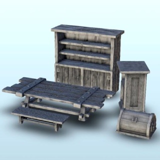 wooden interior furniture 5 - wargaming3d Categories: 1:100 / 15mm, 1:56 28mm, 1:72 & 1:76 20mm, 1700-1900: Horse Musket, 500-1500: Medieval, DIGITAL STL FILES, Terrain, Terrain accessories age architecture dark european fantasy game house medieval middle miniatures rose scenery tabletop terrain traditionnal village war wargame wargaming miniature wargamming 3d print model - Mito3D