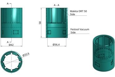 makita festool vacuum adapter drt50 rt0700 Maker/DIY milling machine dust tube workshop 3d print model - Mito3D
