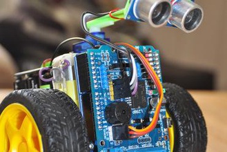 scru-fe simple c++ robot ultra-sonic sensor education arduino uno obstacle avoidance maze programming scruffy scrufie scrufe ultrasonic hc-sr04 sg-90 9g servo cute gearmotor smart car 3d print model - Mito3D