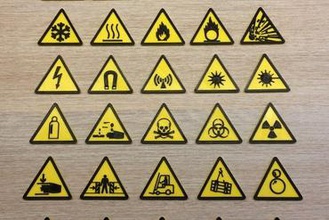 warning signs maker diy electricity laser poison danger slipping stumbling falling low temperature frost hot fire magnetic electromagnetic gas bottle oxidising biohazard radioactive hand injury crushing vehicle crane milling remote battery explosible area fablab explosive 3d print model - Mito3D